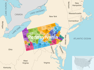 Pennsylvania's congressional districts (2019–2023) vector map with neighbouring states and terrotories