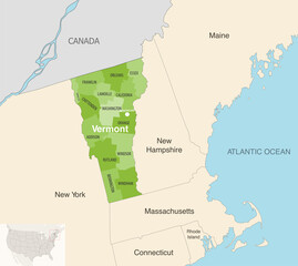 Fototapeta premium Vermont state counties vector map with neighbouring states and terrotories