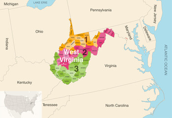 West Virginia's congressional districts (2013-2023) vector map with neighbouring states and terrotories