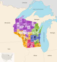 Fototapeta premium Wisconsin's congressional districts (2013-2023) vector map with neighbouring states and terrotories