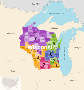 Wisconsin's congressional districts (2013-2023) vector map with neighbouring states and terrotories