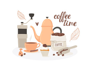 Coffee time composition. Cup of coffee, coffee grinder, coffee grains, sweets. Vector flat illustration