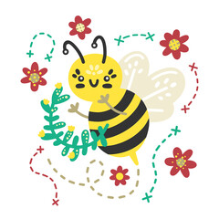 Summer vector poster with cute smiling bee, flowers and twigs. Set of kawaii cartoon stickers with positive summer vibes for print, textile, typography, decor, cards, gifts, kids, babies, interior