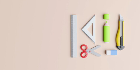 Back to school education background concept school accessories and items. 3D render illustration.