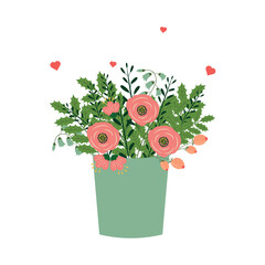 Flower buquet vector in isolated. Bouquet with hearts around.