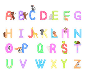 Zoo alphabet. Animal alphabet. Letters from A to Z.Vector graphics