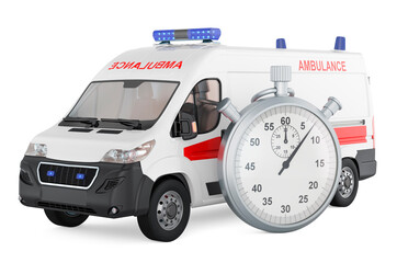 Ambulance van with stopwatch. 3D rendering