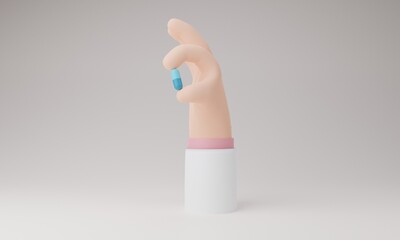 Doctor cartoon hand holds a PAXLOVID capsule antiviral drug pill for anti Corona virus(COVID-19) pastel concept,Isolate background.Healthcare Medical.3D rendering illustration