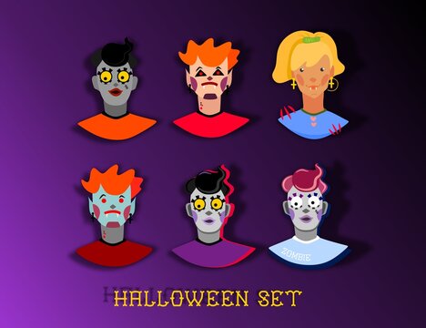 A set of girls and guys for Halloween. A zombie guy, a vampire, and a vampire girl. Fangs and blood.  Characters for the Feast of All Saints. Enp-10. Vector illustration.
