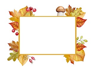 Watercolor frame with autumn leaves and berries 