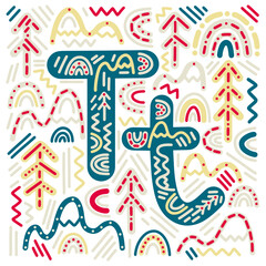 Cute vector collection of children's doodles in scandinavian style. Set of cartoon stickers with alphabet letter T, forest ornaments and rainbows for print, typography, textile, school, study, cards