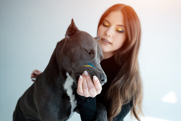 young ukrainian beautiful female play with staffordshire terrier dog at hoe