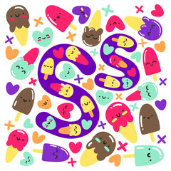 Fun kawaii vector poster with alphabet letter S. Cartoon smiling doodles, cute bright stickers, ice cream cone, popsicle, hearts for kids, textile, print, typography, school, study, cards, decor