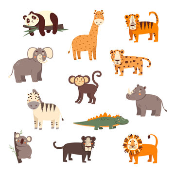 Set with cute cartoon safari animals panda, koala, lion, panther, giraffe, zebra, monkey, leopard, tiger, hippo, rhinoceros, crocodile, elephant vector illustration isolated on a white background. 
