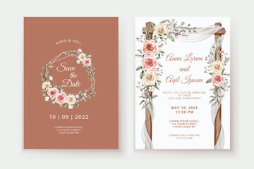 soft peach pink pastel watercolor floral wedding invitation template