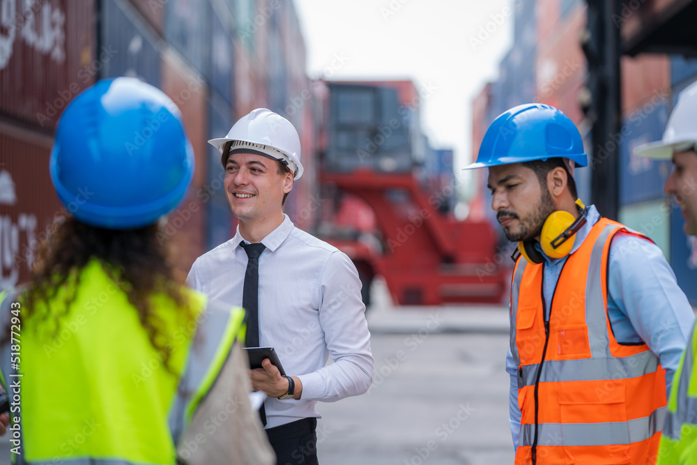Poster Professional engineer with worker or technicians discuss together working checking at Container yard warehouse,Cargo Shipping Import and Export industry.