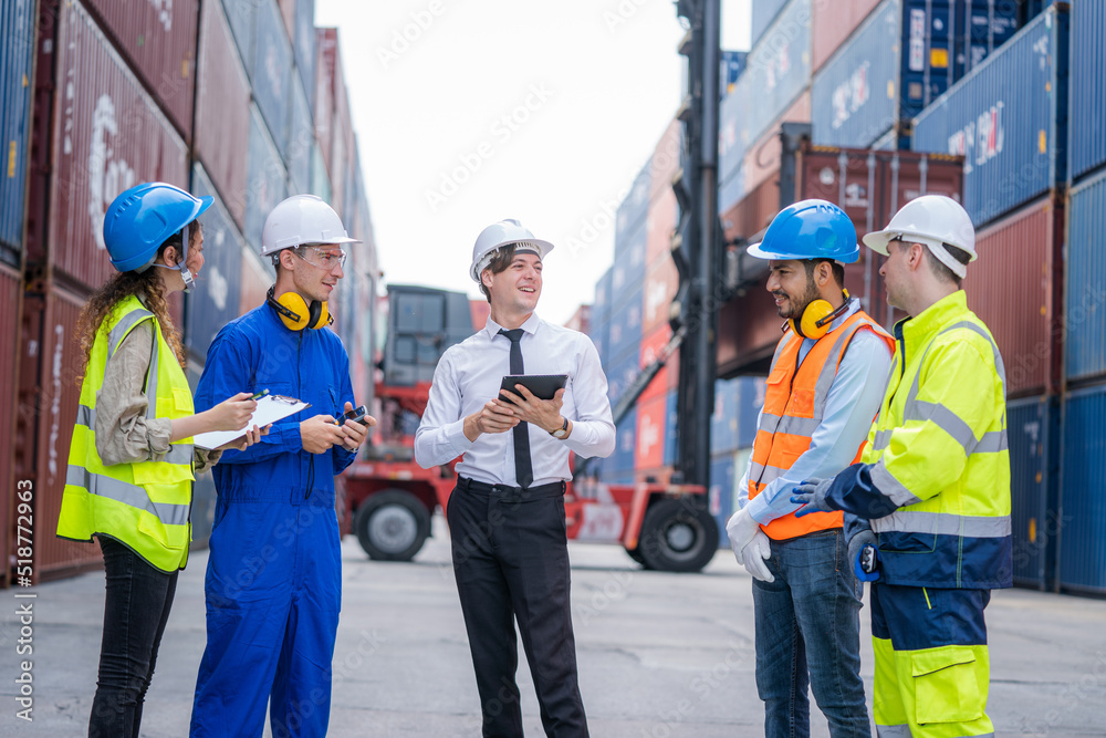 Poster Engineer container cargo with worker working and checking stock into container for loading,logistic and business export,Cargo Shipping Import and Export industry.