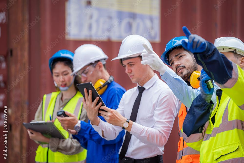 Poster Engineer container cargo with worker checking stock into container for loading,logistic and business export.