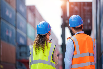 Engineer container cargo with worker working and checking stock into container for loading,logistic...