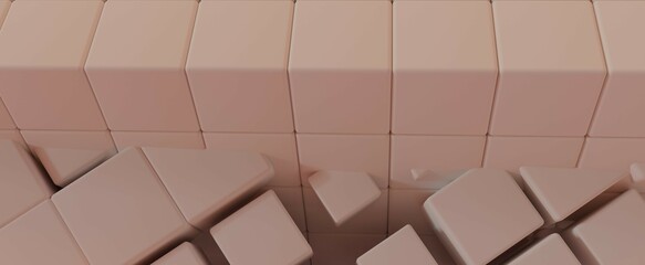 Cubic volumetric abstract background. Pink geometric square panels in 3d render digital pearly architecture. Elements of futuristic data transfer and cluster elements