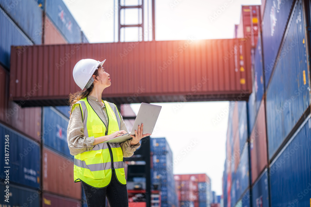 Poster Staff worker work check stock inventory for control loading Containers box from Cargo freight ship for import and export.
