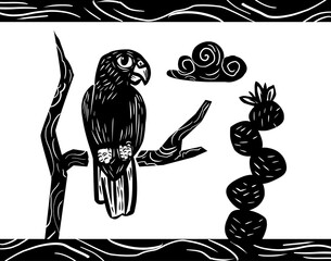 parrot on a branch, in a desert setting.