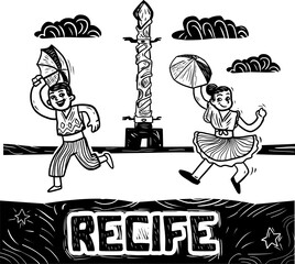 Postcard from the city of Recife Brazil. Frevo dancers. woodcut style