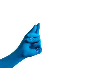 Human hands wearing Variation of latex glove, medical rubber glove isolated on white background.