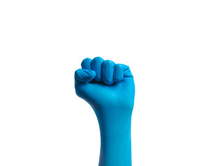 Human hands wearing Variation of latex glove, medical rubber glove isolated on white background.