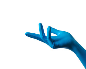 Human hands wearing Variation of latex glove, medical rubber glove isolated on white background.