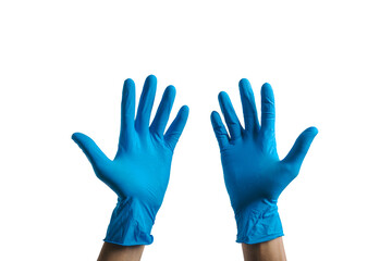 Human hands wearing Variation of latex glove, medical rubber glove isolated on white background.