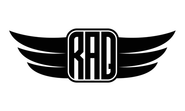 RAQ three Letter Wings Flying Initial wing symbol minimalist creative concept flag icon professional logo design Vector template with abstract black and white tattoo