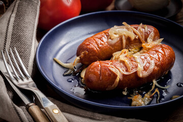 Fried sausage with onions.
