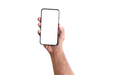 hand holding phone with white screen isolated on white background. Empty space for text.(Clipping Path)