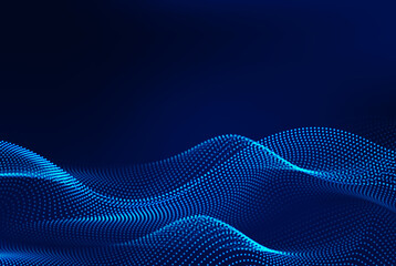 Dynamic blue particle wave. Abstract sound visualization. Digital structure of the wave flow of luminous particles.