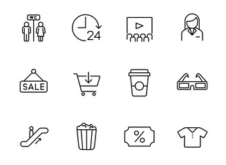 shopping mall outline icons isolated on white background. shopping mall line icons for web and ui design, mobile apps, print polygraphy and promo advertising business
