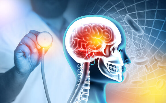 Doctor check and diagnose the human brain on blurred background. 3d illustration