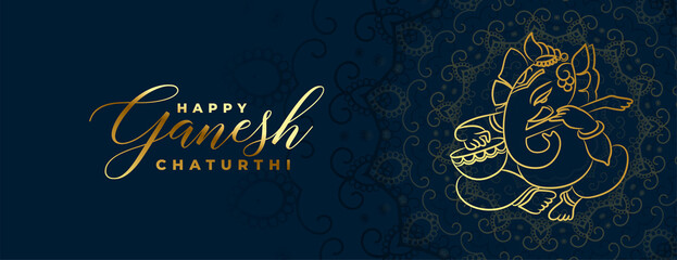 premium golden ganesh chaturthi celebration banner in blue background - obrazy, fototapety, plakaty