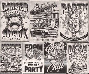 Beach party set monochrome flyers