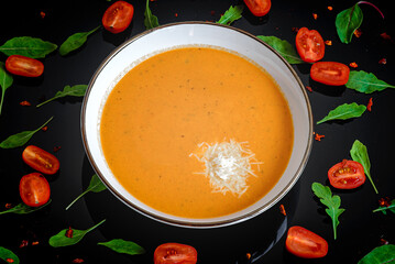 Pumpkin and carrot cream soup with cheese in white bowl. Dark background with arugula and tomatoes....
