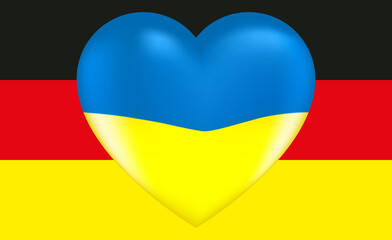 Vector drawing volume heart in the colors of the Ukrainian flag against the background of the flag of Germany.