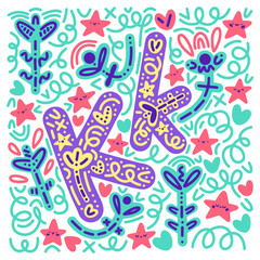 Positive floral vector poster with letter K, baby doodles and cliparts. Floral motifs, ornaments, lettering and good summer vibes for kids, nursery, study, print, typography, decor, interior, gifts