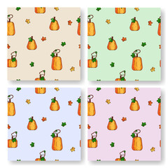 A set of autumn seamless  patterns with pumpkins for Thanksgiving and Halloween. Bright vector illustration