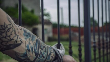 Details of tattooed hands of a man tied to grills behind him