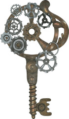 Obraz premium Hand Drawn Steampunk Key in Retro Style on White Background. Vintage style. Abstract Steampunk Art. Vector illustration. Fantasy Art in Sepia.