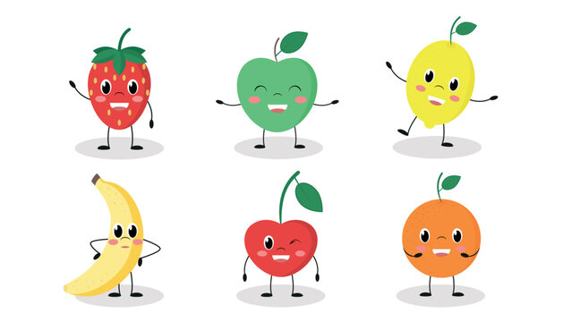 Set of cute cartoon fruits: strawberry, apple, lemon, banana, cherry, orange. Flat vector illustration isolated on white background