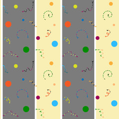 Festive striped pattern of colorful figures. Circles, arrows, spirals. Seamless vector image.