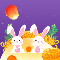 Mid-autumn festival on August 15th, rabbit is admiring the moon with moon cakes and clouds in the background, vector illustration
