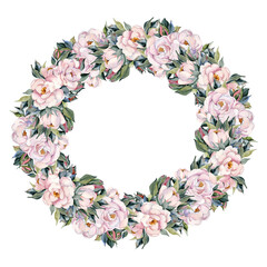 Watercolor floral wreath pink peonies