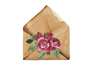 Watercolor envelope with letter and flowers